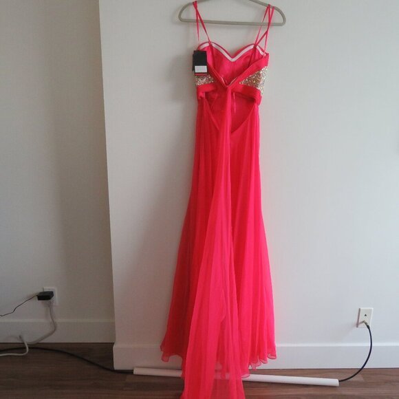 LA FEMME 18733 Beaded Bodice Chiffon Strapless Maxi Prom Dress Watermelon 4 NWT - Picture 11 of 16